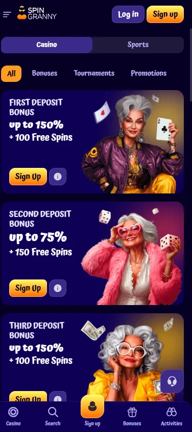 Spingranny Casino mobile promotions area with free spins and rewards
