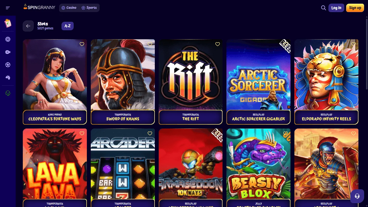 Spingranny Casino desktop game catalogue with casino categories
