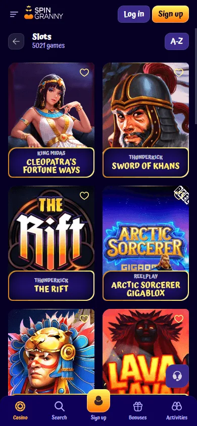 Spingranny Casino mobile game catalogue with casino titles and categories