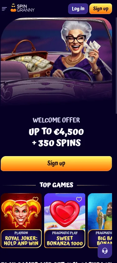 Spingranny Casino mobile home interface for casino and sportsbook access